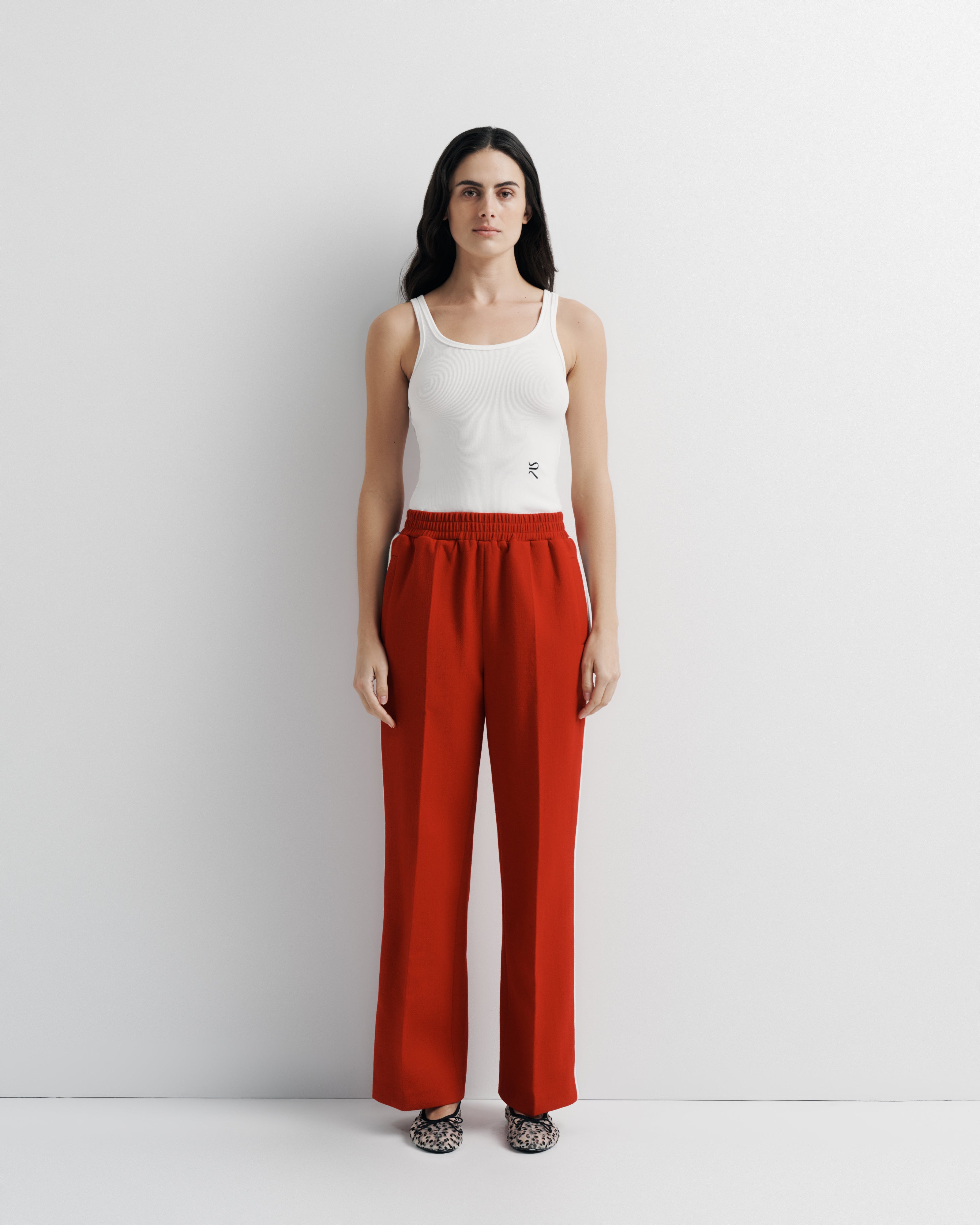 Willa Pant in red – wool track pant with elastic waist and crochet trim by Romy The Brand.