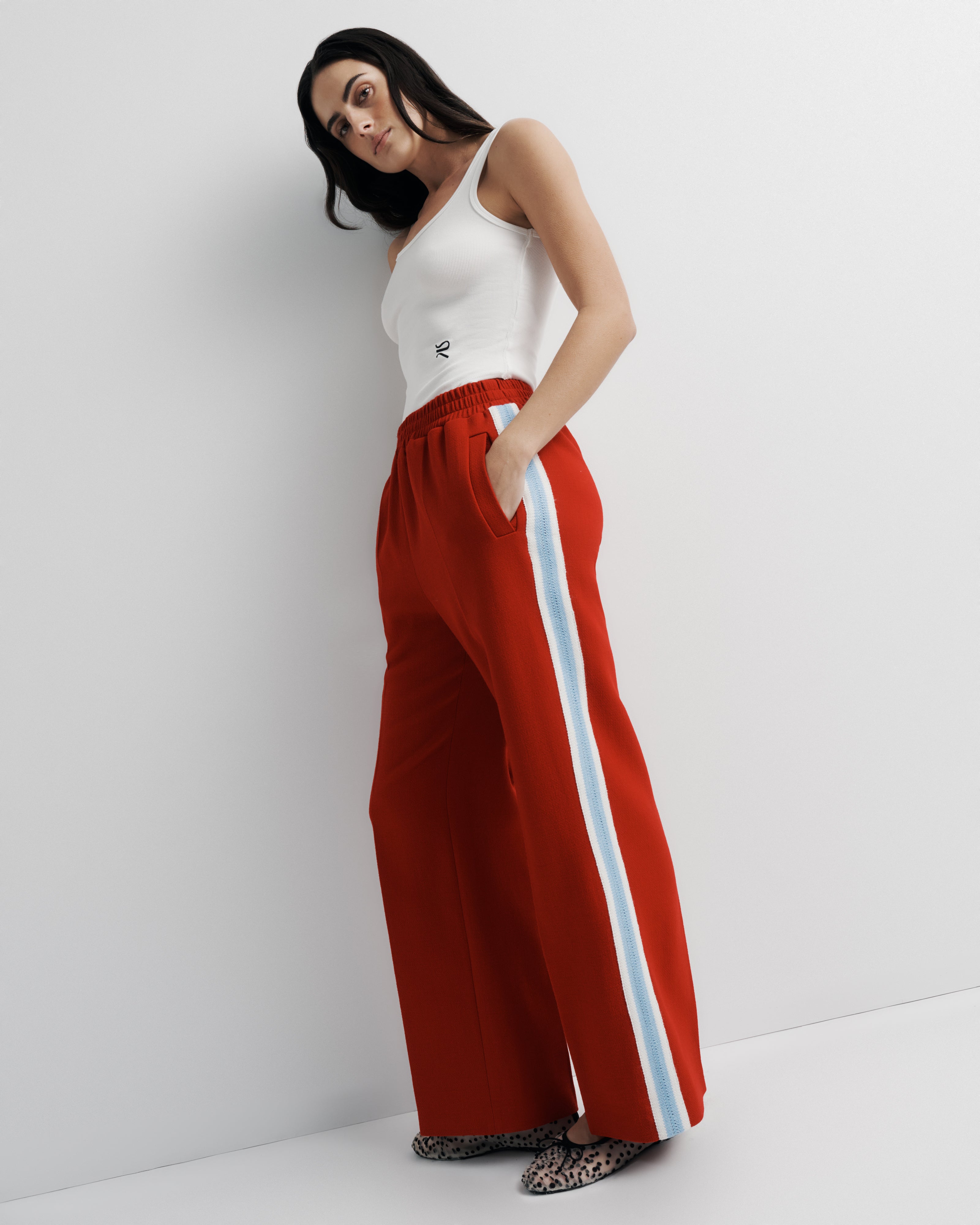 Willa Pant in red – wool track pant with elastic waist and crochet trim by Romy The Brand.