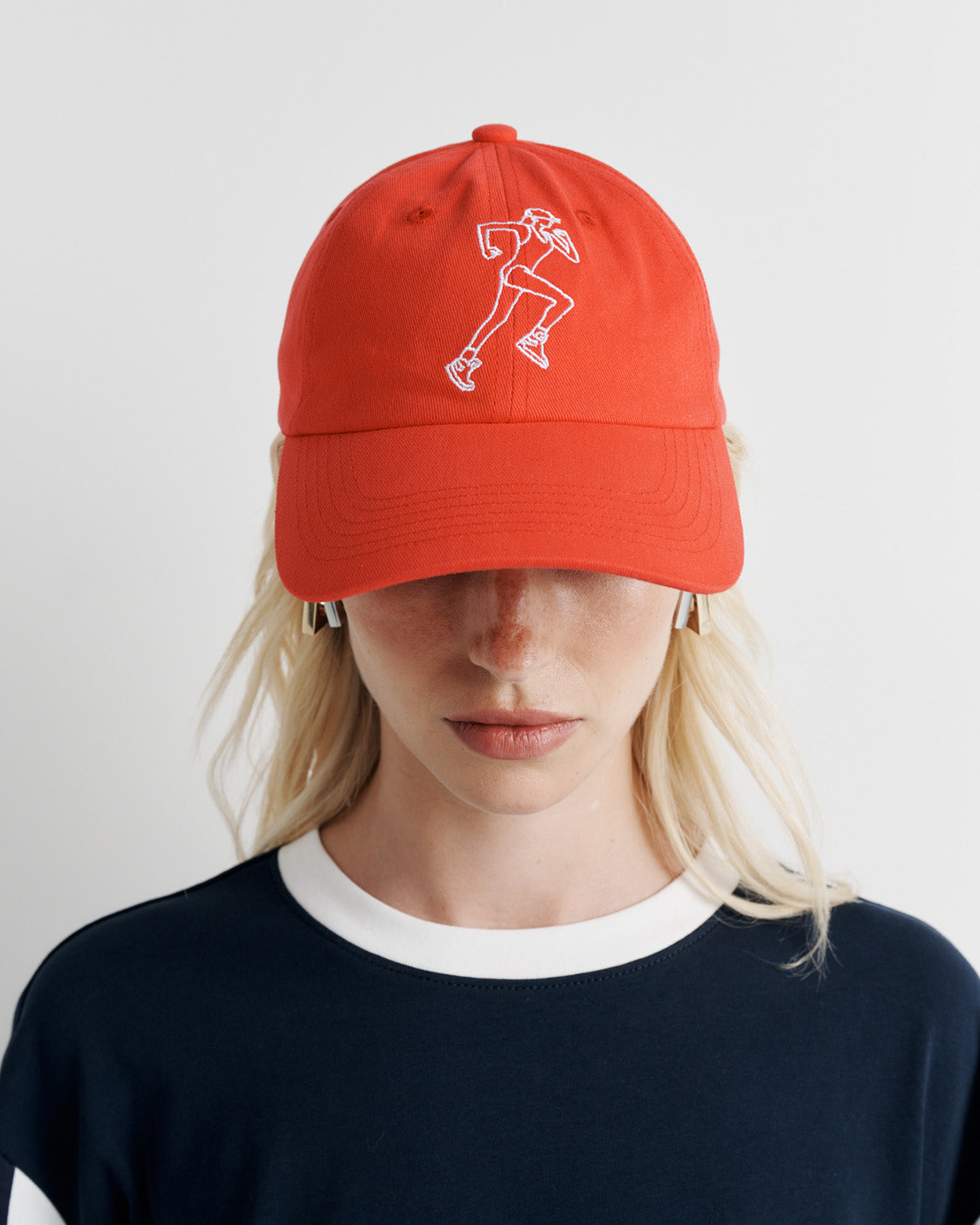 Training Day Cap in red – embroidered cotton cap with artwork by Eliza Gosse for Romy The Brand