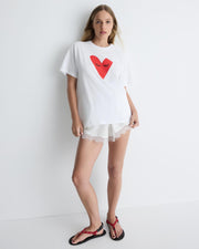 Kiss My Eyes To Sleep tee – white cotton boyfriend t-shirt with red heart graphic by Romy The Brand