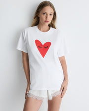 Kiss My Eyes To Sleep tee – white cotton boyfriend t-shirt with red heart graphic by Romy The Brand