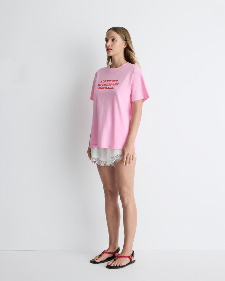 Love You To The Moon and Back tee – pink cotton boyfriend t-shirt with Valentine’s graphic by Romy The Brand