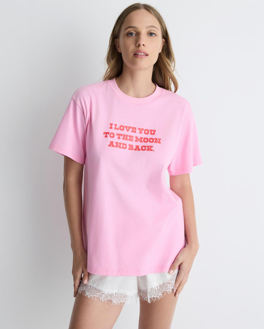 Love You To The Moon and Back tee – pink cotton boyfriend t-shirt with Valentine’s graphic by Romy The Brand