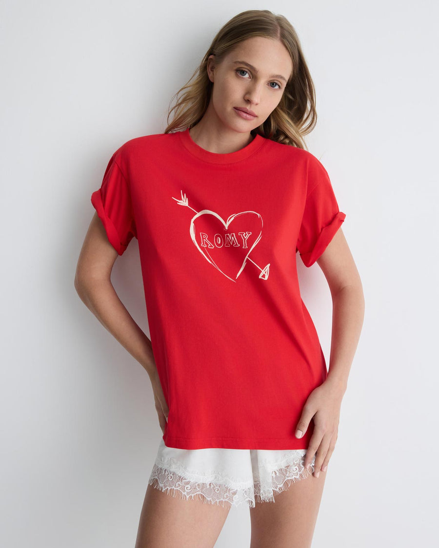 Cupid’s Heart tee – red cotton boyfriend t-shirt with heart graphic by Romy The Brand
