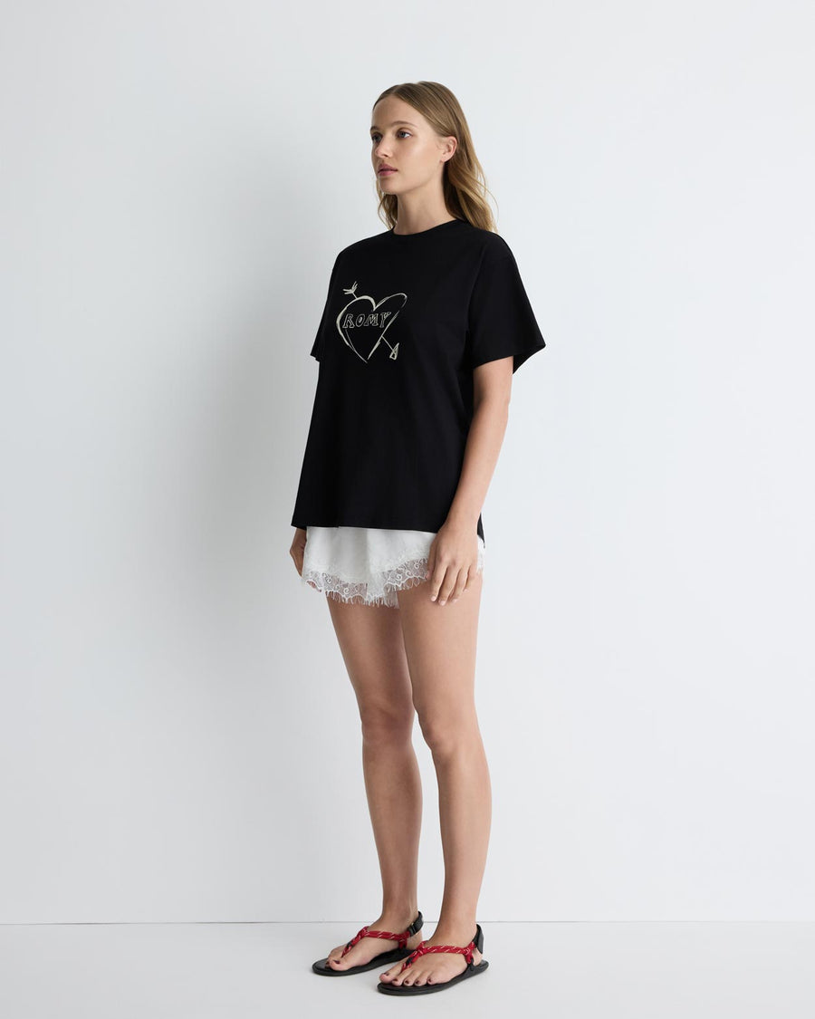 Cupid’s Heart tee in black – cotton boyfriend t-shirt with heart graphic by Romy The Brand