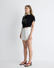 Paris Shorts – silk–cotton blend elastic waist shorts with lace trim by Romy The Brand