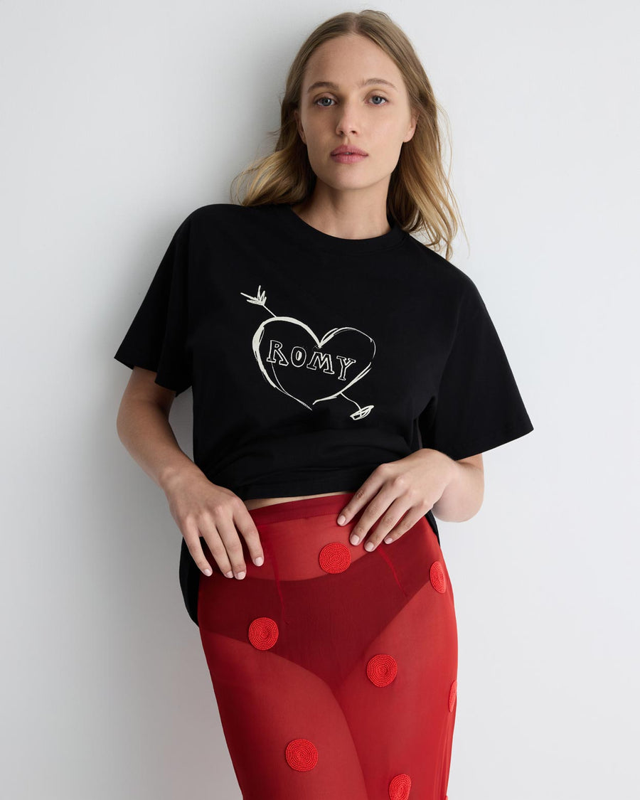 Cupid’s Heart tee in black – cotton boyfriend t-shirt with heart graphic by Romy The Brand