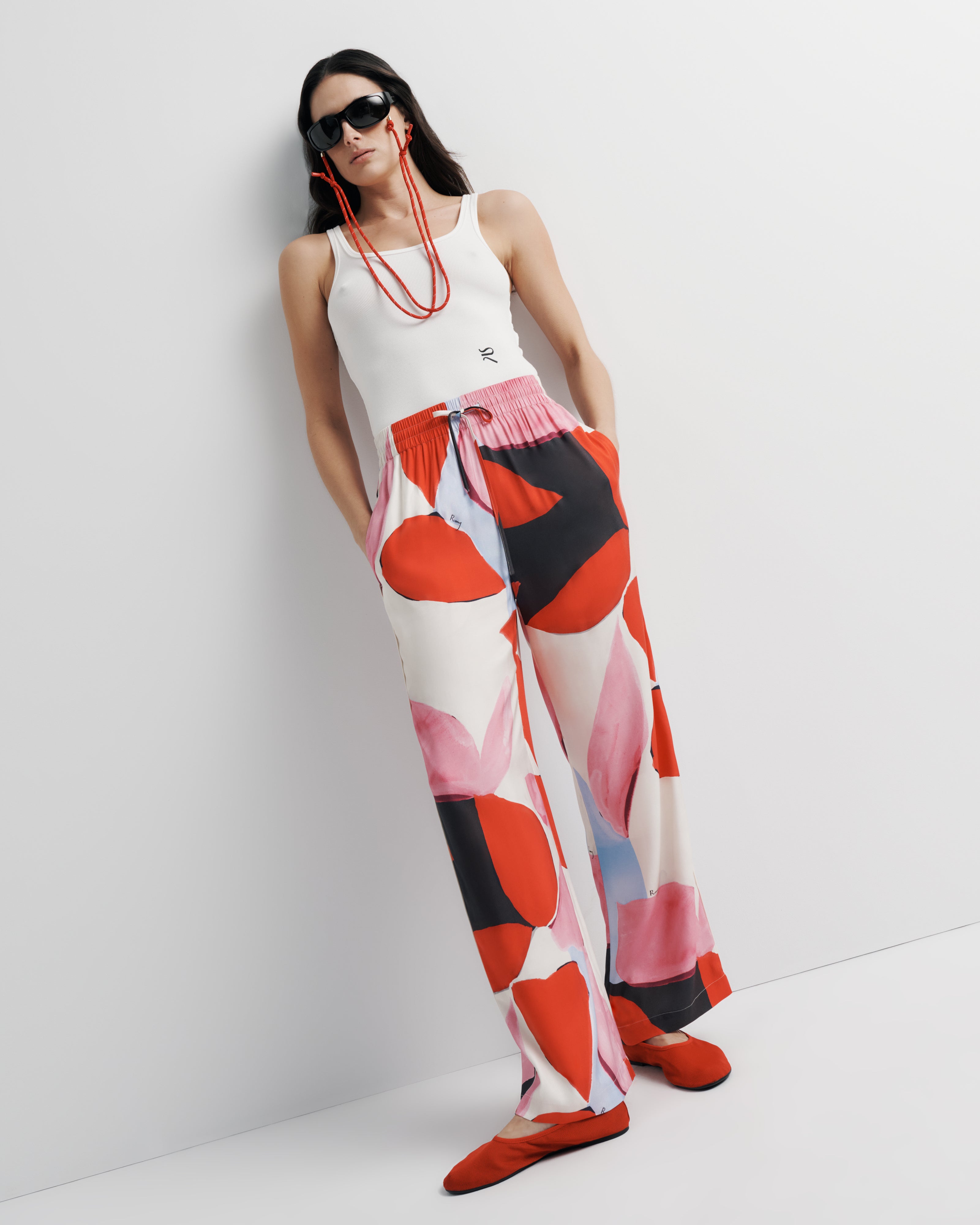 June Pant – elastic waist pant with drawcord and artistic print by Anne Marie Jackson for Romy The Brand