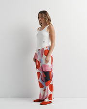 June Pant – elastic waist pant with drawcord and artistic print by Anne Marie Jackson for Romy The Brand