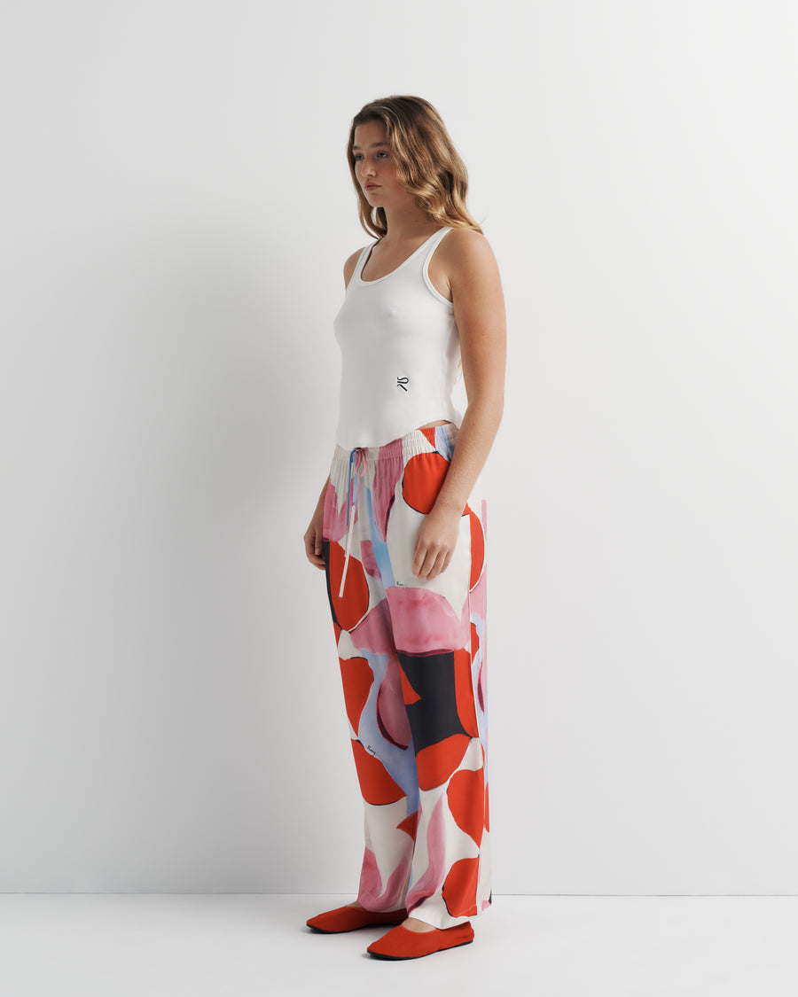 June Pant – elastic waist pant with drawcord and artistic print by Anne Marie Jackson for Romy The Brand