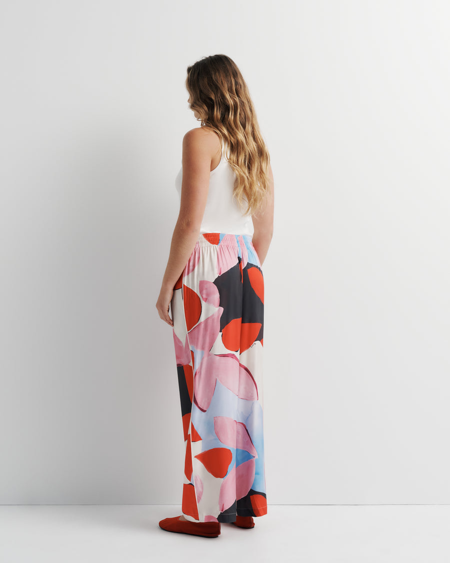 June Pant – elastic waist pant with drawcord and artistic print by Anne Marie Jackson for Romy The Brand