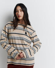 The Varsity Long Sleeve Top is a relaxed-fit striped crew neck tee, featuring long sleeves and the signature Romy Athletic Society 'R' embroidery for a sporty, elevated look.