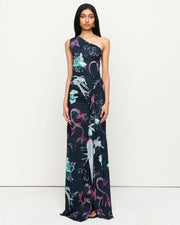 Turn heads in the Naomi Dress – a one-shoulder design featuring a cascading ruffle detail, thigh-high split, and a floor-length silhouette. Adorned with exclusive artwork by Anouk Colantoni.