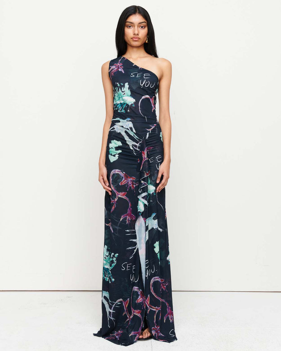 Turn heads in the Naomi Dress – a one-shoulder design featuring a cascading ruffle detail, thigh-high split, and a floor-length silhouette. Adorned with exclusive artwork by Anouk Colantoni.