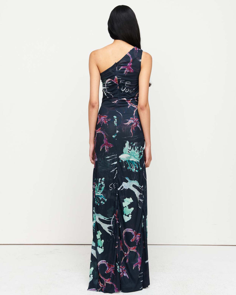 Turn heads in the Naomi Dress – a one-shoulder design featuring a cascading ruffle detail, thigh-high split, and a floor-length silhouette. Adorned with exclusive artwork by Anouk Colantoni.