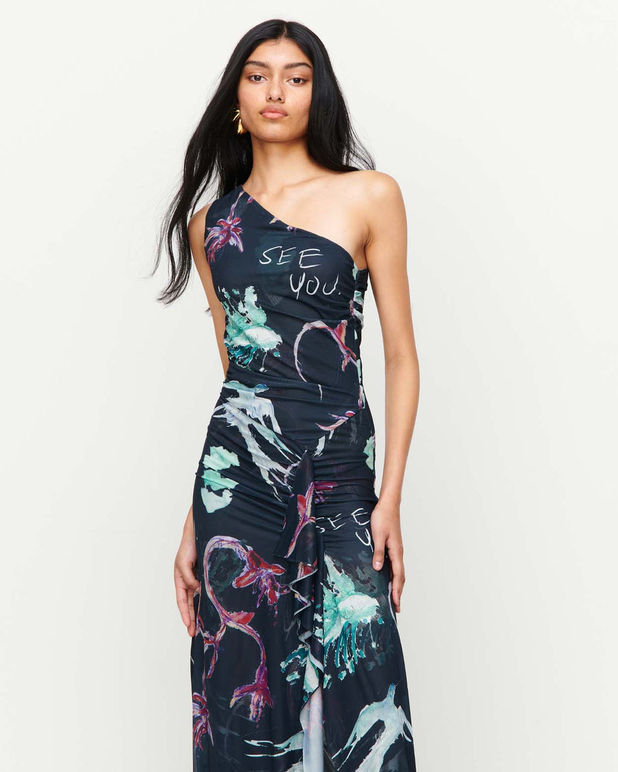 Turn heads in the Naomi Dress – a one-shoulder design featuring a cascading ruffle detail, thigh-high split, and a floor-length silhouette. Adorned with exclusive artwork by Anouk Colantoni.