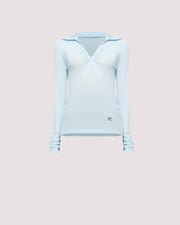 Elevate your wardrobe with the Louise Knit Top in Blue—a collared Henley-style design featuring soft gathers over the bust and elongated sleeves for effortless layering. Crafted from a luxe blend of Lyocell, acrylic, and wool, and finished with our signature ‘R’ embroidery.