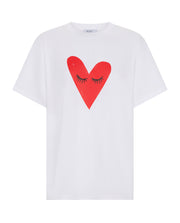 Kiss My Eyes To Sleep tee – white cotton boyfriend t-shirt with red heart graphic by Romy The Brand