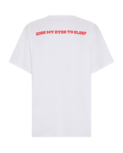 Kiss My Eyes To Sleep tee – white cotton boyfriend t-shirt with red heart graphic by Romy The Brand