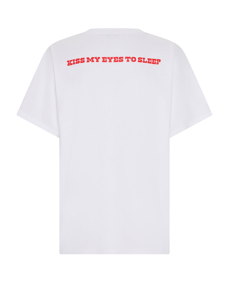 Kiss My Eyes To Sleep tee – white cotton boyfriend t-shirt with red heart graphic by Romy The Brand