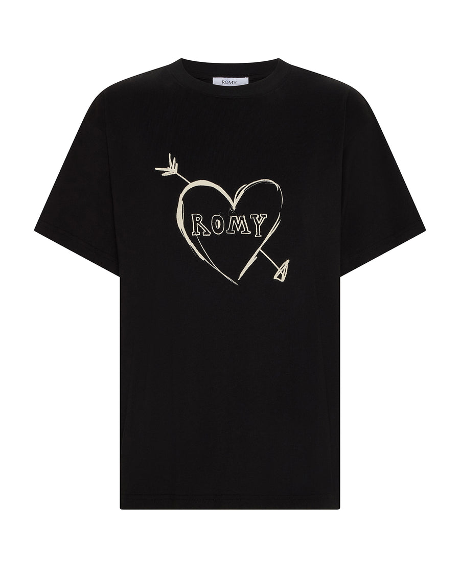 Cupid’s Heart tee in black – cotton boyfriend t-shirt with heart graphic by Romy The Brand
