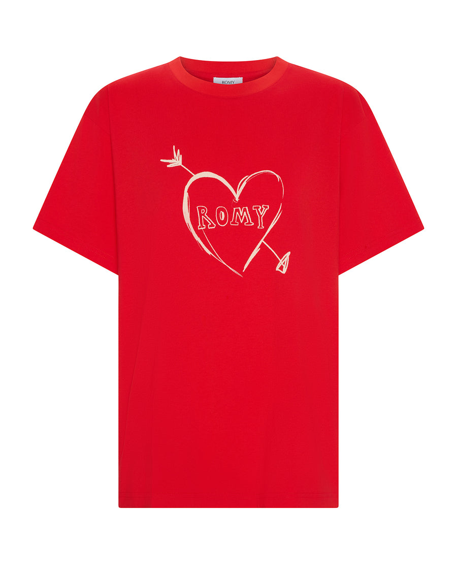 Cupid’s Heart tee – red cotton boyfriend t-shirt with heart graphic by Romy The Brand